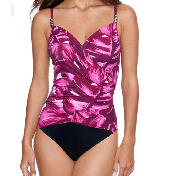 Magicsuit Underwire Slimming One Piece Black‎ Pink Floral Beaded Size 12 NWT
